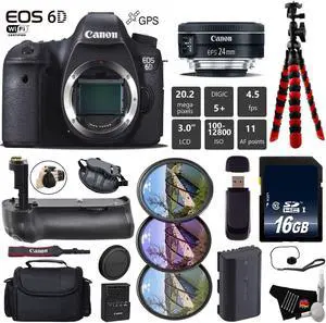 Canon EOS 6D DSLR Camera with 24mm f/2.8 STM Lens + Professional Battery Grip + UV FLD CPL Filter Kit + Case + Wrist Str