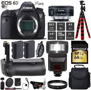 Canon EOS 6D DSLR Camera with 24mm f/2.8 STM Lens + Professional Battery Grip + UV Protection Filter + Flash + Extra Bat
