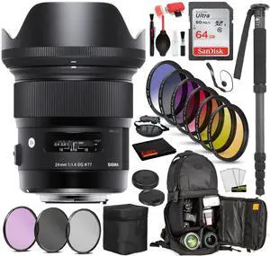 Sigma 24mm f/1.4 DG HSM Art Lens for Canon EF with Bundle Includes: Sandisk 64gb SD Card, 9PC Filter Kit + More