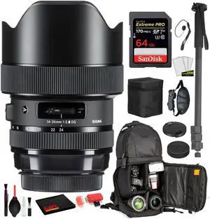 Sigma 14-24mm f/2.8 DG HSM Art Lens for Nikon F with Bundle: Sandisk extreme Pro 64gb SD Card, Sling Backpack + More