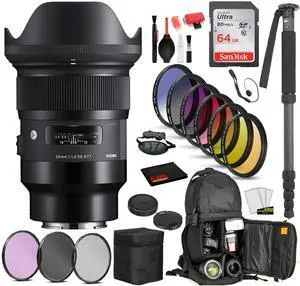 Sigma 24mm f/1.4 DG HSM Art Lens for Sony E (401965) with: Sandisk 64gb SD Card, 9PC Filter Kit + More
