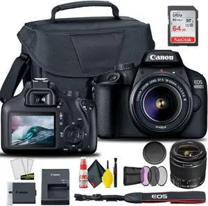 Canon EOS 4000D / Rebel T100 DSLR Camera with 18-55mm Lens  + Creative Filter Set, EOS Camera Bag +  Sandisk Ultra 64GB Card + Electronics Cleaning Set, And More (International Model)