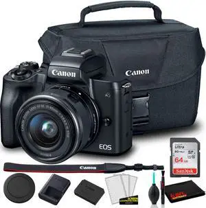 Canon EOS M50 Mirrorless Digital Camera with 15-45mm Lens (Black) (2680C011) +  Canon EOS Bag +  Sandisk Ultra 64GB Card + Clean and Care Kit