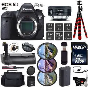 Canon EOS 6D DSLR Camera with 24mm f/2.8 STM Lens + Professional Battery Grip + UV FLD CPL Filter Kit + Case + Wrist Str