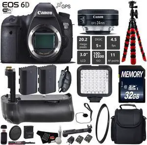 Canon EOS 6D DSLR Camera with 24mm f/2.8 STM Lens + Professional Battery Grip + UV Protection Filter + LED Kit + Extra B