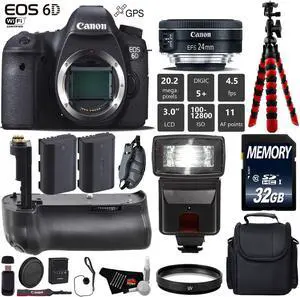 Canon EOS 6D DSLR Camera with 24mm f/2.8 STM Lens + Professional Battery Grip + UV Protection Filter + Flash + Extra Bat