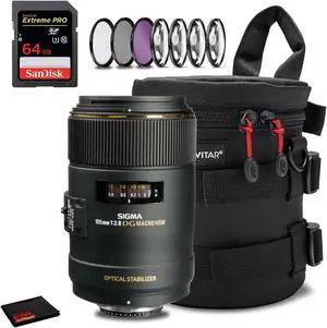 Sigma 105mm f/2.8 EX DG OS HSM Macro Lens for Nikon F with 7-Piece Filter Kit, 64GB SDXC Memory Card and Protective Lens Case