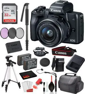 Canon EOS M50 Mirrorless Digital Camera with 15-45mm Lens  (Black) 18PC Professional Package Bundle  SanDisk 32gb SD + Replacement Battery LPE12 (2CT) + 57"  Tripod + MORE