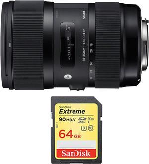 Sigma AF 18-35mm f/1.8 DC HSM Lens for Canon Includes Sandisk 64GB Extreme SD Memory UHS-I Card w/ 90/60MB/s Read/Write