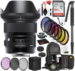 Sigma 24mm f/1.4 DG HSM Art Lens for Nikon F with Bundle Includes: Sandisk 64gb SD Card, 9PC Filter Kit + More