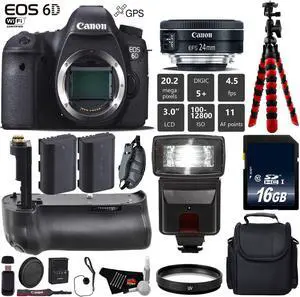 Canon EOS 6D DSLR Camera with 24mm f/2.8 STM Lens + Professional Battery Grip + UV Protection Filter + Flash + Extra Bat