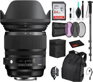 Sigma 24-105mm f/4 DG OS HSM Art Lens for Nikon F with Advance Bundle: Backpack + Sandisk 64gb SD+ More