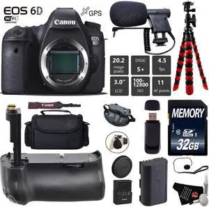 Canon EOS 6D DSLR Camera (Body Only) + Professional Battery Grip + Condenser Microphone + Case + Wrist Strap + Tripod +