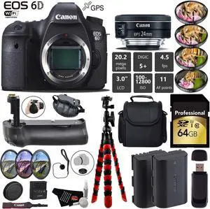 Canon EOS 6D DSLR Camera with 24mm f/2.8 STM Lens + Professional Battery Grip + 4PC Macro Filter Kit + LED Kit + Extra B