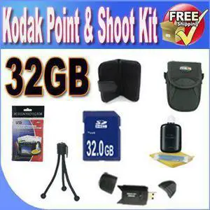 Kodak Point & Shoot Accessory Saver Bundle! (32GB Memory + USB Card Reader + Memory Card Wallet + Camera Case w/Strap + + Mini Tripod & more!)