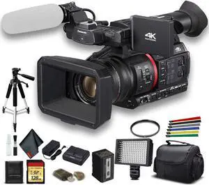 Panasonic 4K Camcorder W/ Padded Case, 128 GB Memory Card, Heavy Duty Tripod, Wire Straps, LED Light, And More