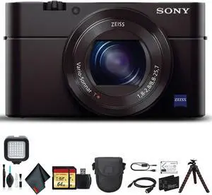 Sony Cyber-shot DSC-RX100 III Camera DSCRX100M3/B With Soft Bag, Tripod, 2x Extra Batteries, LED Light, 2x 64GB Memory Card, Card Reader , Plus Essential Accessories
