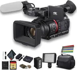 Panasonic 4K Camcorder W/ Padded Case, 128 GB Memory Card, Wire Straps, LED Light, And More