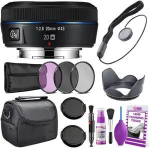 Samsung 20mm f/2.8 Wide-Angle Pancake Lens (Black) NX Mount + Warranty + Cleaning Kit + Case + Accessories Bundle