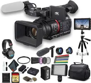 Panasonic 4K Camcorder W/ Padded Case, 128 GB Memory Card, Heavy Duty Tripod, Lens Filters, Sony Headphones, Sony Mic, External 4K Monitor, Wire Straps, LED Light, And More