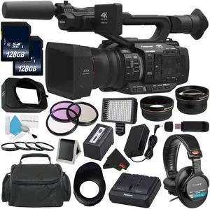 Panasonic AG-UX180 AG-UX180PJ 4K Premium Professional Camcorder + 128GB SDXC Class 10 Memory Card + Carrying Case + Professional 160 LED Video Light Studio Series + Sony MDR-7506 Headphone Bundle