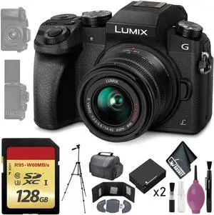 Panasonic Lumix DMC-G7 Mirrorless Micro Four Thirds Digital Camera w/ 14-42mm Lens (Black) - 128GB - Memory Card Wallet - Reader - Battery x2 - 72" Tripod - Case