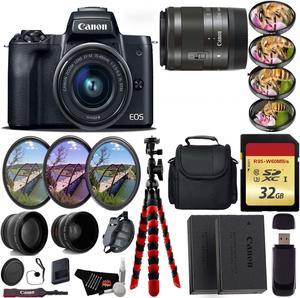 Canon EOS M50 Mirrorless Digital Camera with 15-45mm Lens + UV FLD CPL Filter Kit + 4 PC Macro Kit + Wide Angle & Telephoto Lens + Camera Case + Tripod + Card Reader - International Version