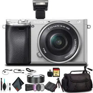 Sony Alpha a6300 Mirrorless Camera with 16-50mm Lens Silver ILCE-6300L/S With Soft Bag, Lens Filters, Tripod, Additional Battery, 64GB Memory Card, Card Reader , Plus Essential Accessories