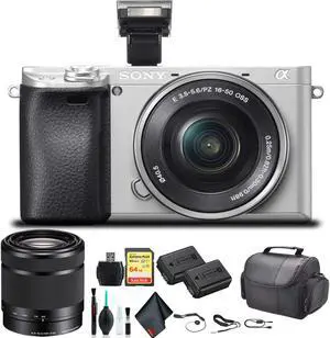 Sony Alpha a6300 Mirrorless Camera with 16-50mm Lens Silver ILCE-6300L/S With Sony 55-210mm Lens, Soft Bag, Additional Battery, 64GB Memory Card, Card Reader , Plus Essential Accessories