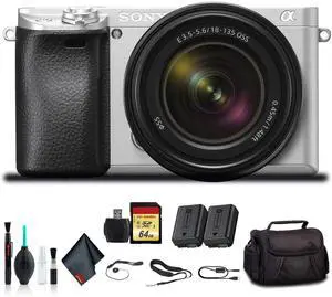 Sony Alpha a6300 Mirrorless Camera with 18-135mm Lens Silver ILCE-6300M/S With Soft Bag, Additional Battery, 64GB Memory Card, Card Reader , Plus Essential Accessories