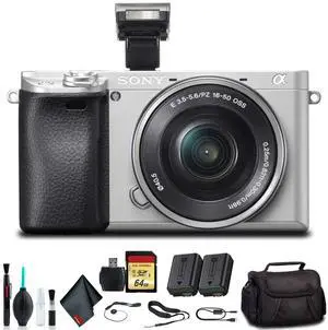 Sony Alpha a6300 Mirrorless Camera with 16-50mm Lens Silver ILCE-6300L/S With Soft Bag, Additional Battery, 64GB Memory Card, Card Reader , Plus Essential Accessories