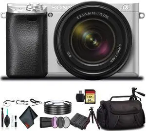 Sony Alpha a6300 Mirrorless Camera with 18-135mm Lens Silver ILCE-6300M/S With Soft Bag, Lens Filters, Tripod, Additional Battery, 64GB Memory Card, Card Reader , Plus Essential Accessories