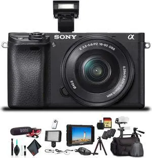 Sony Alpha a6300 Mirrorless Camera W/ 16-50mm Lens Black ILCE6300L/B W/ Soft Bag, Zhiyun-Tech WEEBILL Stabilizer, 2x Extra Batteries, Rode Mic, 2x 64GB Cards, 4K Monitor , Plus Essential Accessories