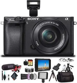Sony Alpha a6300 Mirrorless Camera with 16-50mm Lens Black ILCE6300L/B With Bag, Filters, 2x Extra Batteries, Rode Mic, LED Light, External HD Monitor, 2x 64GB Cards, , Plus Essential Accessories