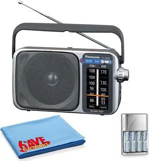 Panasonic Portable AM / FM Radio Silver + 4x AA Batteries With Charger + Cloth Bundle