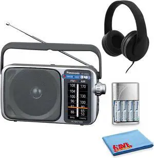 Panasonic Portable AM/FM Radio Silver + AA Batteries + Wired Headphones + Cloth Bundle