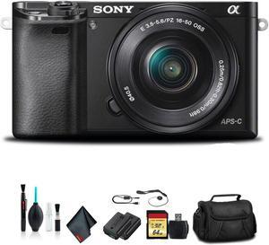Sony Alpha a6000 Mirrorless Camera with 16-50mm Lens Black with Soft Bag, Tripod, Additional Battery, 64GB Memory Card,