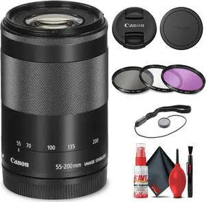 Canon EF-M 55-200mm f/4.5-6.3 IS STM Lens (Black) (9517B002) + Filter Kit Base Bundle