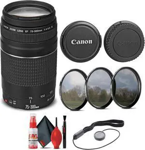 Canon EF 75-300mm f/4-5.6 III Lens (6473A003) + Filter Kit + Cap Keeper Base Bundle