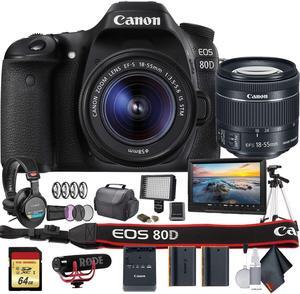 Canon EOS 80D DSLR Camera with 18-55mm Lens (International Model) (1263C005) W/Bag, Extra Battery, LED Light, Mic, Filte