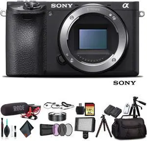 Sony Alpha a6500 Mirrorless Camera ILCE6500/B With Soft Bag, Tripod, Additional Battery, Rode Mic, LED Light, 64GB Memory Card, Sling Soft Bag, Card Reader , Plus Essential Accessories