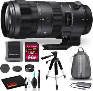 Sigma 70-200mm DG OS HSM Sports Lens for Nikon F with Backpack, 64GB SD Bundle