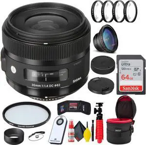 Sigma 30mm f/1.4 DC HSM Art Lens for Nikon F + 64GB SD Card Bundle