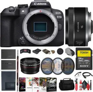 Canon EOS R10 Mirrorless Camera + Canon 16mm Lens + 64GB Card + More