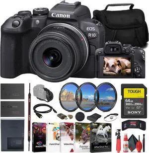 Canon EOS R10 Mirrorless Camera W/ 18-45mm Lens + 64GB TOUGH SD Card +  + More