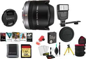 Panasonic Lumix G Fisheye 8mm f/3.5 Lens - Kit with 128GB Memory Card and More