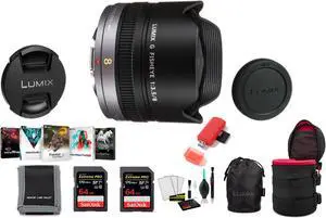 Panasonic Lumix G Fisheye 8mm f/3.5 Lens - Kit with 2x 64 Memory Cards and More