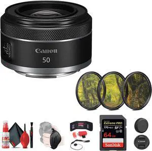 Canon RF 50mm f/1.8 STM Lens + 64GB SD Card + 3-Piece Filter Kit + More
