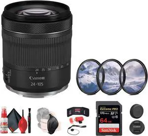 Canon RF 24-105mm f/4-7.1 IS STM Lens + 64GB SD Card + Camera Bag + More