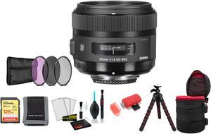 Sigma 30mm f/1.4 DC HSM Art Lens for Nikon F with 128GB Memory Card and Filter Kit